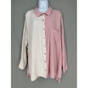 Andree By Unit Top Womens 1X Pink Beige Linen Button Long Sleeve Flowy Casual